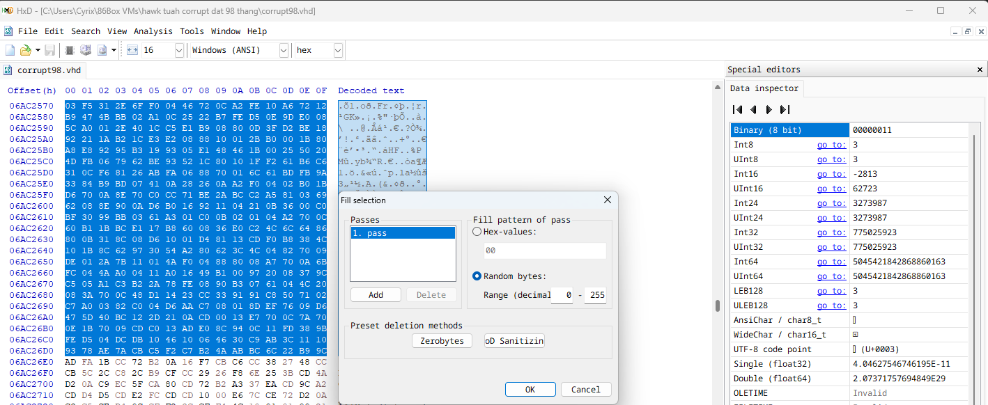 Fill bytes selection